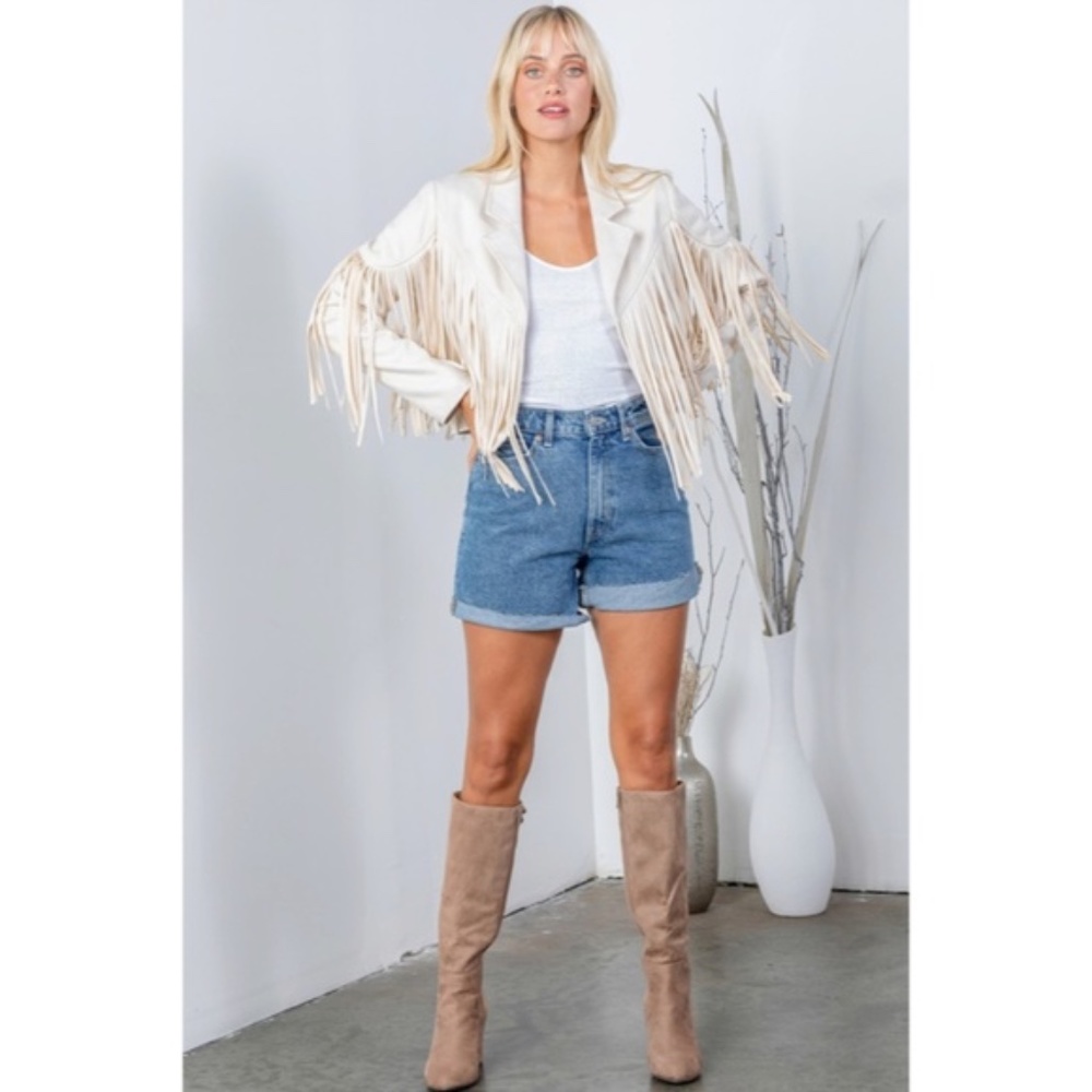 SOLD OUT Ivory Faux Leather Suede Fringe Cropped Western Boho Moto Jacket - Picture 5 of 9